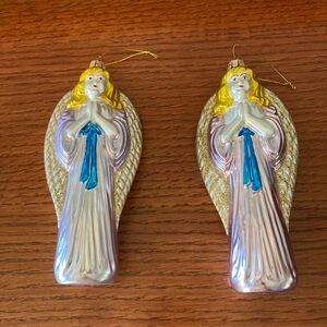 2 Vintage Ornament Angels Glass Blown Hand Painted Santa’s best 8”
